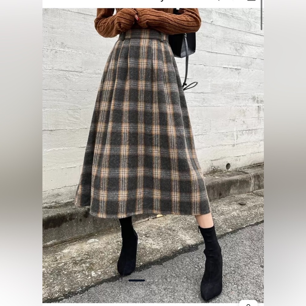 Chic Plaid A-Line Skirt in Gray and Orange Size XL - Picture 9 of 10